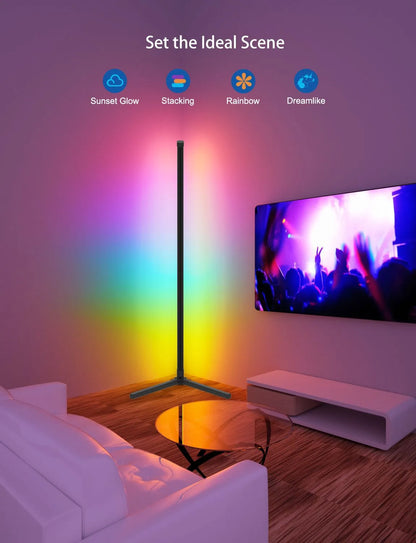 "Smart RGB Colour Floor Lamp casting vibrant hues, controlled via App & Remote for personalized mood lighting. Enhance your home decor with customizable, wireless, and modern lighting. Perfect for smart living and interior design enthusiasts