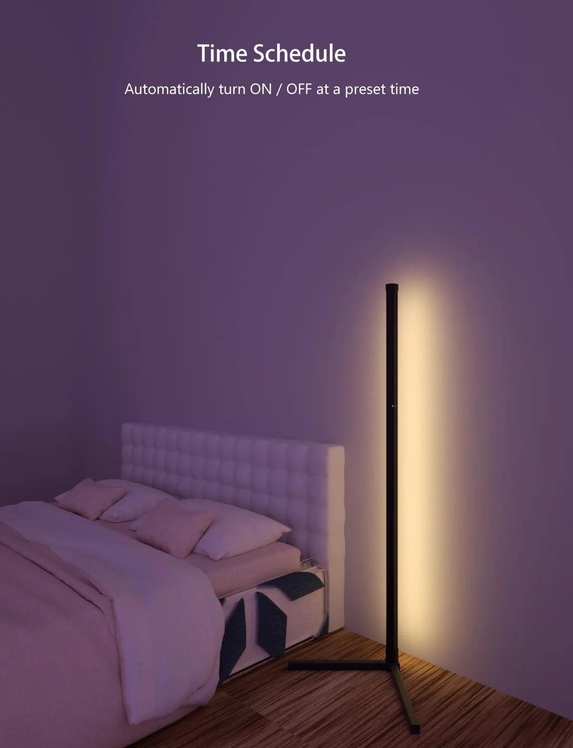 "Smart RGB Colour Floor Lamp casting vibrant hues, controlled via App & Remote for personalized mood lighting. Enhance your home decor with customizable, wireless, and modern lighting. Perfect for smart living and interior design enthusiasts