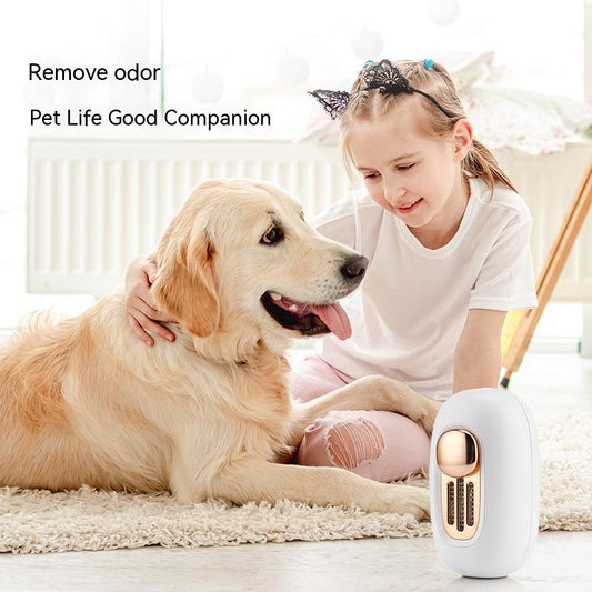 Radiating pure joy: A heartwarming scene of a woman and child bonding with their beloved cat and dog, surrounded by the crisp freshness of a pet-friendly home, enhanced by our Pet Deodorizer Air Purification Ozone system.